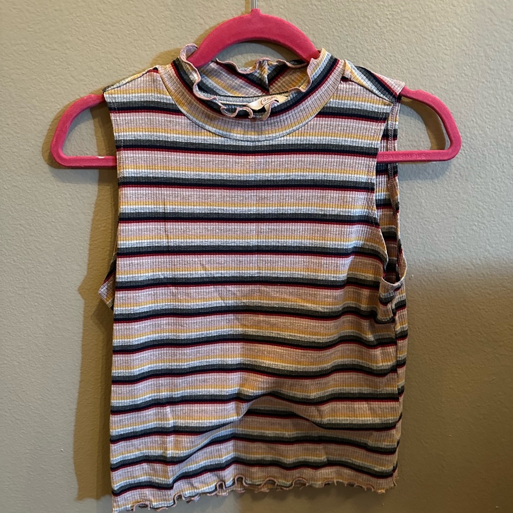Striped Sleeveless Top with Ruffle Neck